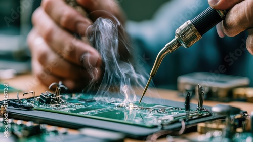 Technician Repairing Electronic Circuit Board with Soldering Iron Close Up