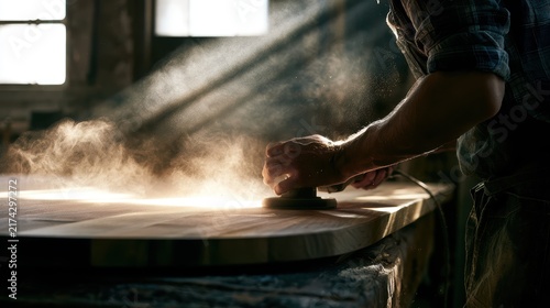 Craftsman Hand Sanding Wooden Surface in Workshop with Dust in Air