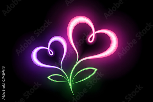 Glowing Neon Heart Flowers Symbolizing Love and Romantic Connection