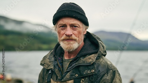 Weathered fisherman stands by calm water. Mossy mountains loom behind him softly. His gaze holds quiet endurance and weariness. Coat and hat show signs of daily struggle