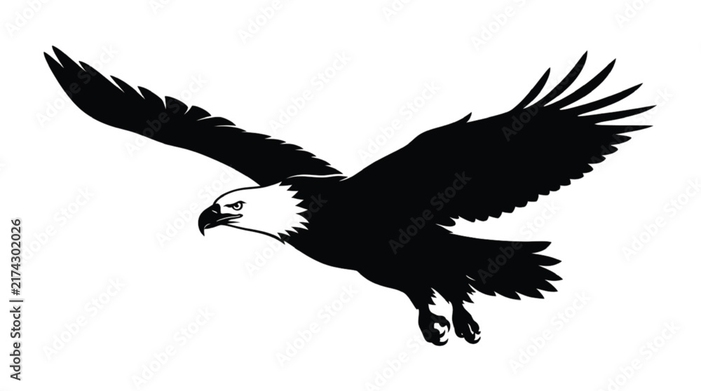 Fototapeta premium Eagle silhouette soaring through the air with large wings outstretched in a powerful flight pose, isolated on a clean white background representing strength and wildlife.