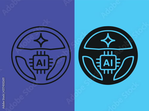 Autonomous vehicle steering wheel icon with artificial intelligence chip symbol graphic design