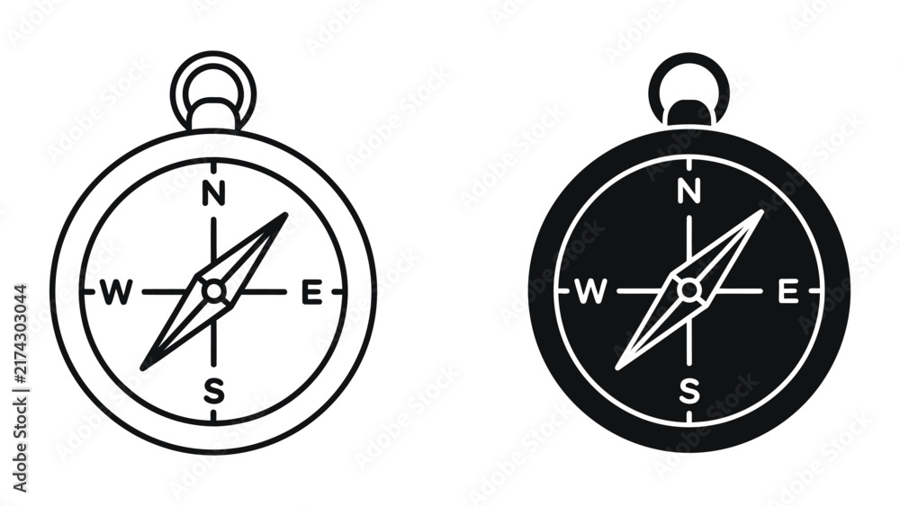 Foto Navigation compass direction vector icon in outline and solid black style