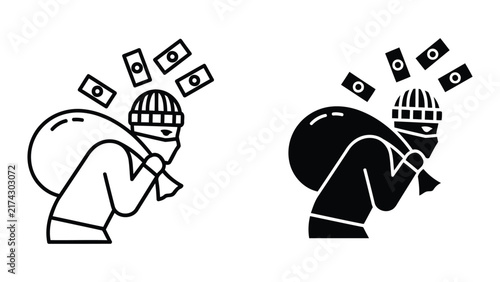Robber stealing money bag vector icon