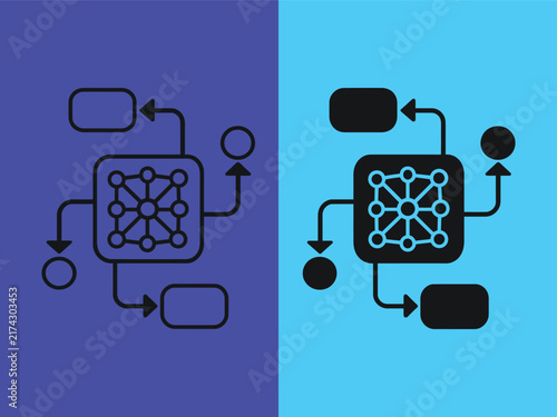Two variants of a digital network connection icon with nodes and connecting arrows on blue background