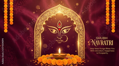 Shubh Navratri Greeting Banner with Goddess Durga Face, Temple Arch and Traditional Diya Lamp