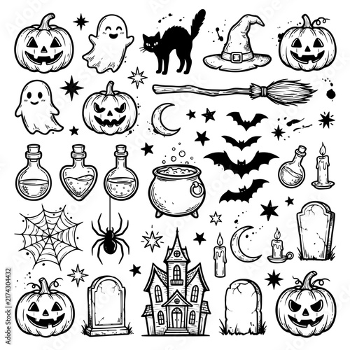 Halloween Hand Drawn Doodle Set Collection