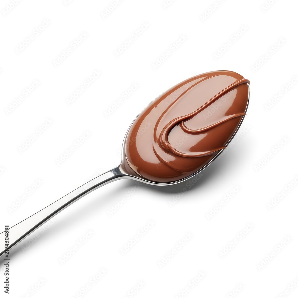 Fototapeta premium A silver spoon filled with glossy melted chocolate hazelnut cream isolated on a plain white background, showing a smooth and rich texture, brown, spoon, ingredient