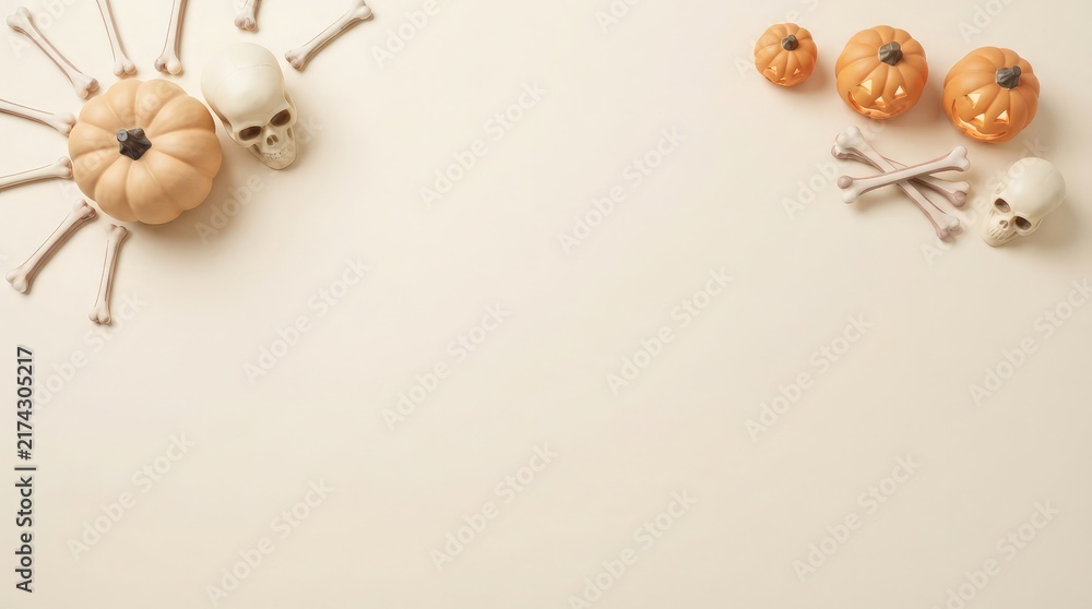 Fototapeta premium Halloween decorations with pumpkins shaped like a spider and small skulls on a white background