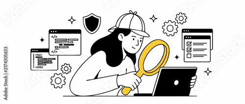 Cybersecurity developer audit code quality engineer inspecting laptop bugs with magnifying glass for web software testing, system safety compliance, data security research illustration.