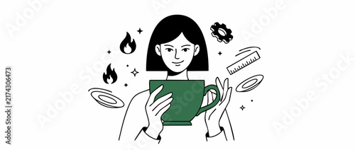 Multitasking Woman Holding Coffee Cup Juggling Work Tasks Vector Line Art Illustration of Business Stress Productivity Management Skill Balance Gear Fire Ruler Spinning Plates Concept isolated on whit