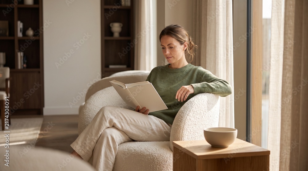 Fototapeta premium Solo traveler reads in a sunlit lounge nook