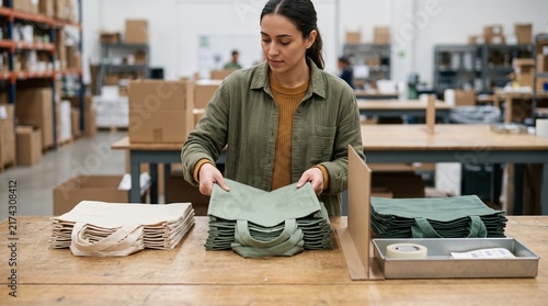 Associate organizes canvas totes into outgoing orders