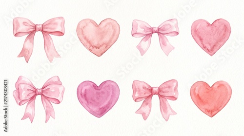 Watercolor Pink Bows and Hearts Collection, Hand-Painted Romantic Ribbon Set for Valentine's Day, Wedding Invitations and Baby Shower Decor, Cute Coquette Aesthetic Design Elements on White Background