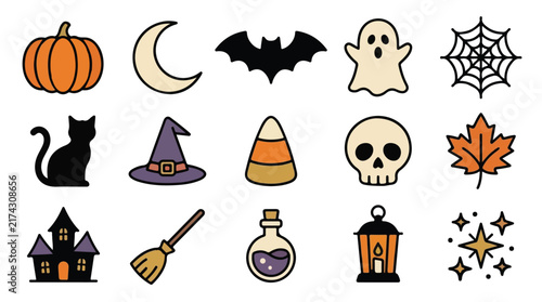 Premium Halloween icon set with 15 flat vector elements. Spooky autumn holiday symbols, pumpkin and ghost illustrations for seasonal design. isolated PNG with Transparent Background Halloween