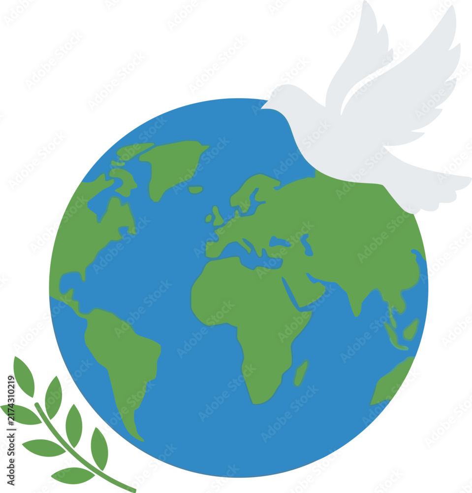 Fototapeta premium A white dove with a green olive branch flies across the planet Earth, symbolizing peace and hope for a united world