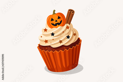 Halloween Pumpkin Cupcake Vector Illustration with Cream Frosting, Cinnamon Stick, and Star Sprinkles