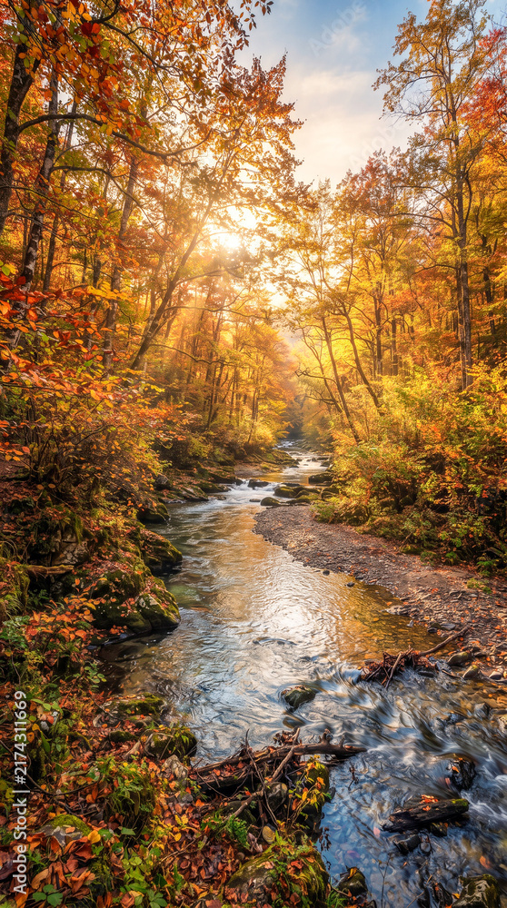 Fototapeta premium Senderista caminando junto a un río cristalino en un frondoso bosque de otoño, iluminado por cálidos rayos de sol entre hojas doradas y rojizas.