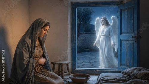 the Virgin Mary encountering a gentle angel in a tranquil night home, the angel framed by an open blue doorway as a sign of heaven entering ordinary life, Environment: pale domestic room with