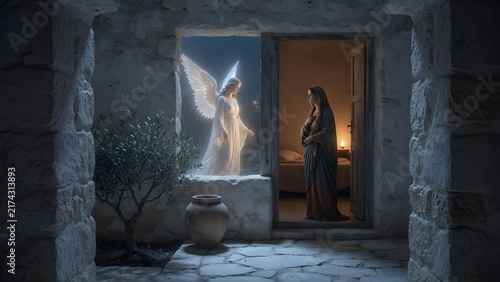an ethereal angel meeting the Virgin Mary in a peaceful home at night, both figures seen through an inner courtyard opening as Mary pauses in silent wonder, Environment: serene domestic court