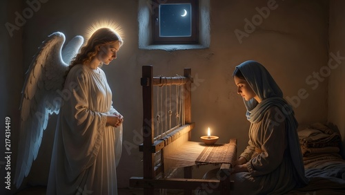 a serene angel meeting the Virgin Mary beside a simple loom in her peaceful home at night, Mary pausing her quiet work in reverent attention, Environment: modest room with wooden loom, pale t