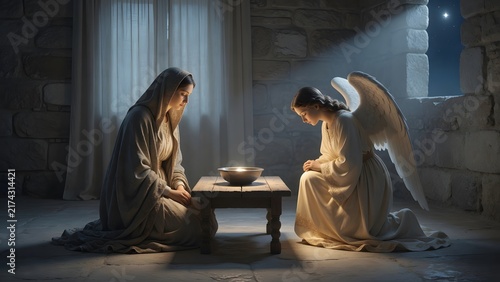 a sacred angel meeting the Virgin Mary in a tranquil domestic night scene, Mary kneeling calmly beside a low table while the angel appears with gentle reverence, Environment: minimal stone ho