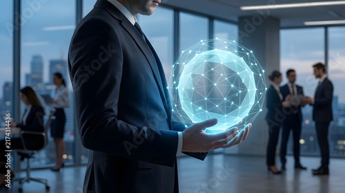 Professional businessman holding a glowing digital network sphere in a modern office with colleagues in the background