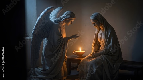 a peaceful angel offering a humble blessing to the Virgin Mary inside a quiet home at night, Mary kneeling with calm dignity and lowered gaze, Environment: minimal room with plain wall, small
