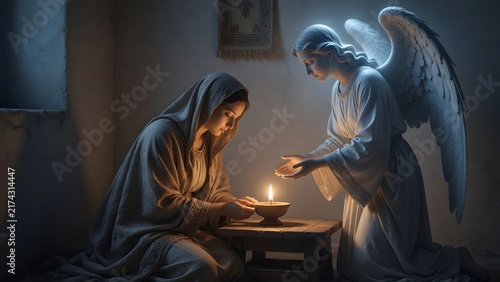 a peaceful angel offering a humble blessing to the Virgin Mary inside a quiet home at night, Mary kneeling with calm dignity and lowered gaze, Environment: minimal room with plain wall, small