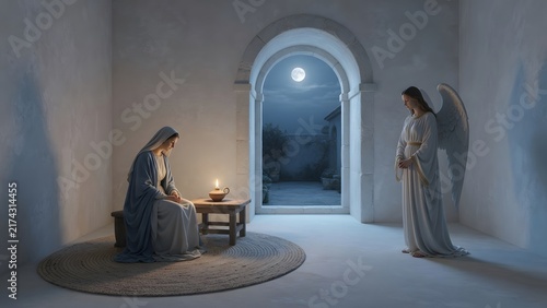 a calm angelic visitation to the Virgin Mary in a peaceful home at night, Mary seated near a woven mat while the angel stands at respectful distance, Environment: spacious uncluttered room wi