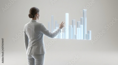 Professional businesswoman interacting with a futuristic holographic bar chart data interface