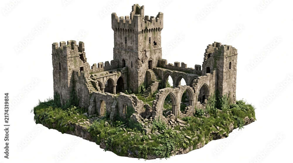 Fototapeta premium Detailed 3D model of ancient stone castle ruins on lush green base with towers