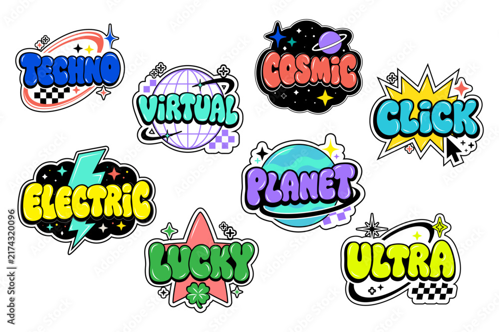 Fototapeta premium Y2K retro futuristic sticker vector set