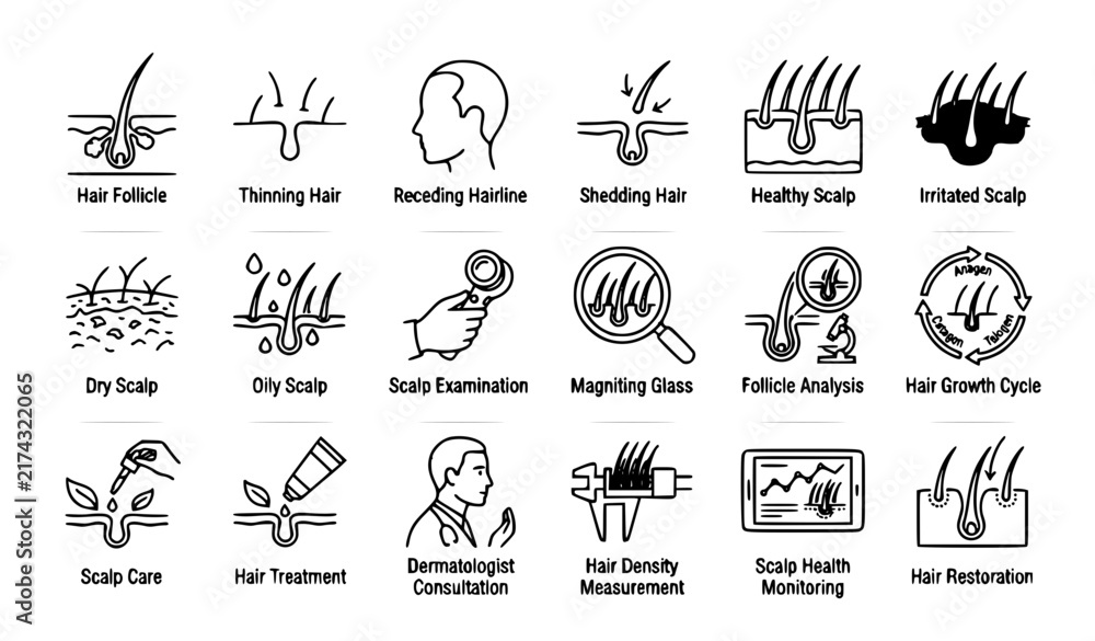 Fototapeta premium Hair Loss and Scalp Health Analysis Outline Icon Set for Hair Follicles Growth Dermatology and Scalp Care