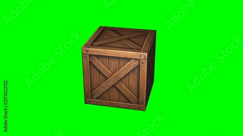 Seamless spinning wooden box isolated on green screen. A 3D motion graphic animation of a wooden crate box continuously rotating in a seamless loop, set against a solid green screen backdrop.