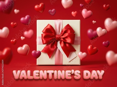 Valentines day gift box with a red ribbon bow surrounded by floating 3d hearts on red background