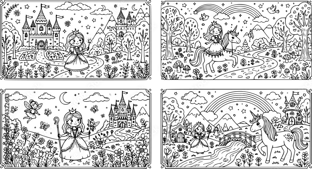 Fototapeta premium Black and white fairy tale scene vector collection, princess, unicorn, rainbow and magical fantasy landscapes for children's coloring pages