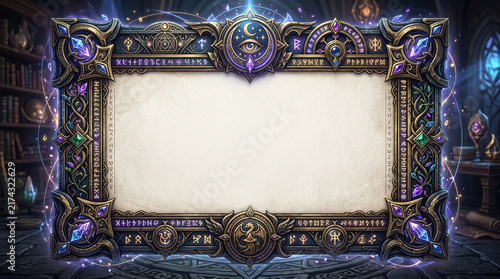 Magical fantasy frame with glowing arcane runes and mystical crystals in a dark library.