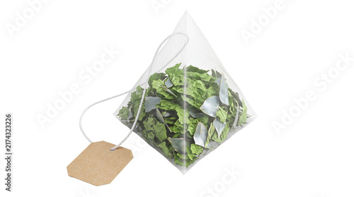 Foto Pyramid tea bag with green herbal leaves, premium nylon mesh tea sachet with bla