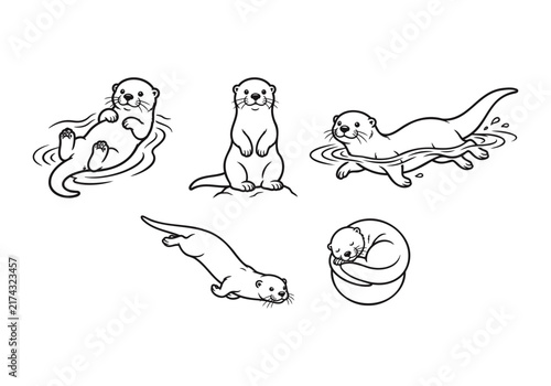 Minimalist otter line art collection, cute sea otter vector set in various poses, black and white animal illustrations for coloring and logos.