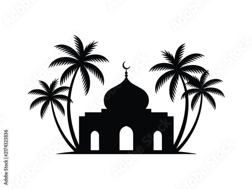 Mosque Dome with Crescent Moon and Palm Trees Silhouette Vector Illustration