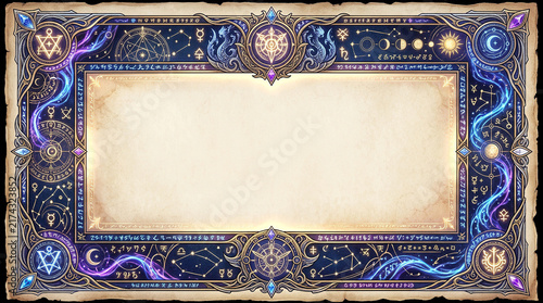 Mystical cosmic scroll frame with astrological symbols and glowing stars for magic themed backgrounds and book covers.