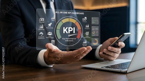 Man presenting a transparent kpi dashboard with business performance metrics