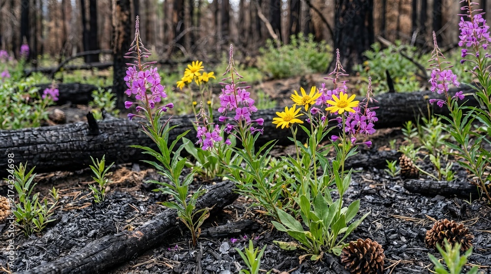 Fototapeta premium Vibrant flowers bloom amidst charred forest debris after a wildfire.