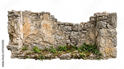 Weathered ancient stone wall with green moss and cracks, historical ruin texture