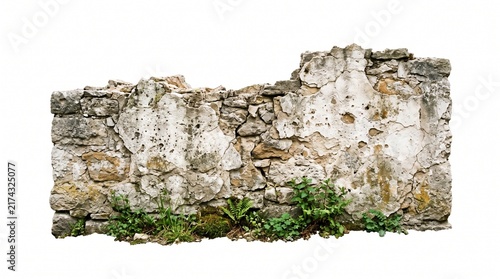 Weathered ancient stone wall with moss and lichen overgrowth in natural light