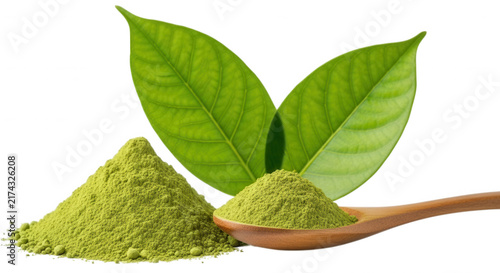 A high-quality studio photograph of vibrant green matcha tea powder isolated on a transparent background, featuring a wooden spoon filled with finely ground tea leaves next to a pile of fresh powder.