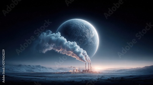 An environmental concept depicting a factory polluting the atmosphere with a planet and moon.