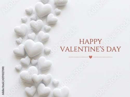Happy valentines day greeting card with white heartshaped candies isolated on white background