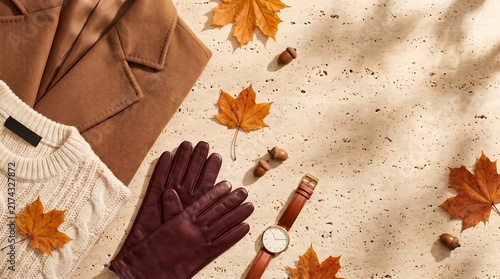 Autumn Fashion Flat Lay with Warm Coat, Knit Sweater and Leaves on Fall Background